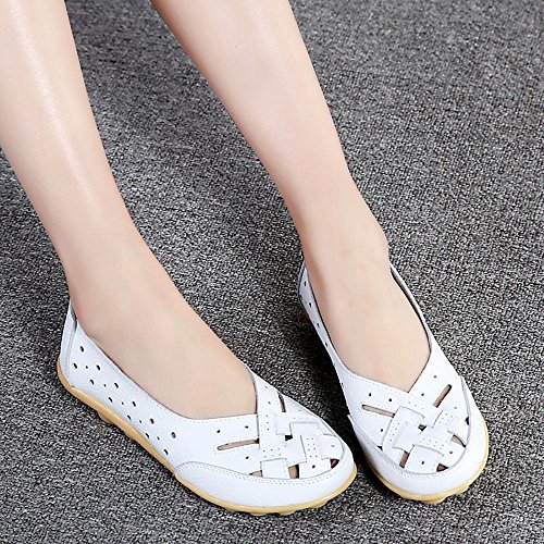 Kauneus Women's Cowhide Leather Shoes Loafers Flats Sandals Slip-On Cutout White - Thumbnail 6