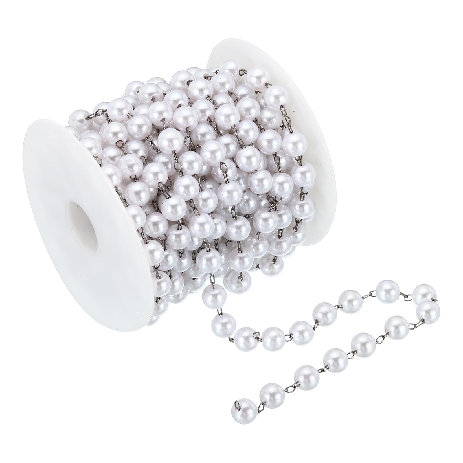 PATIKIL 5m/16 Feet Faux Pearl Beading Chain with Spool, 8mm Brass Chain Link for Decoration Making DIY Accessories Style 1, Dark Silver