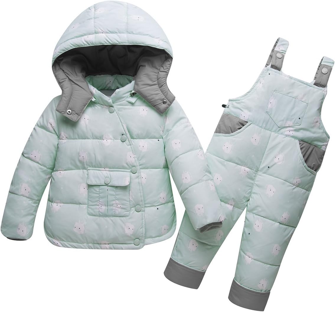 CADong Unisex Baby Toddler Winter Snowsuit,Two Piece Puffer Down Snowsuit Hooded Jacket with Snow Ski Bib Pants