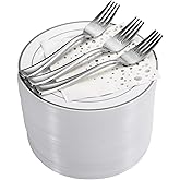 Stylish 7.5 Inch Silver Cake Plates with Disposable Forks and Cocktail Napkins (100 Set) - Small Appetizer Plates - Silver Plastic Dessert Plates - Plastic Cake Plates for Wedding Reception