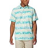 Columbia Men’s Super Slack Tide Camp Shirt, Short Sleeve, Moisture Wicking, Lime Glow Ombre Fish Stripe, Medium