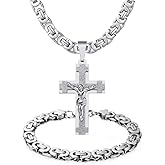 WESTMIAJW Mens Stainless Steel Silver Gold Jesus Cross Pendant Necklace Chain Bracelet Set Jewelry 45/50/55/60/65/70/75cm