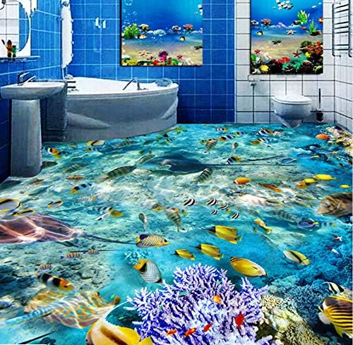 Yosot Custom Flooring Mural Wallpaper Undersea World Fish Coral Toilets Bathroom Bedroom 3D Floor Murals PVC Waterproof Self-Adhesive-140Cmx100Cm