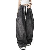 Hugboom Cargo Pants for Women Men Baggy Jeans High Waisted Wide Leg Drawstring Pants with Pockets Grunge Streetwear