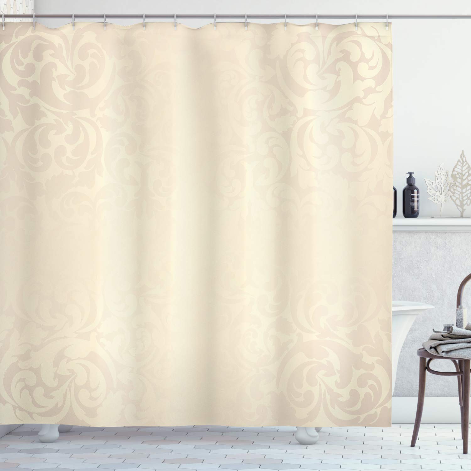ABAKUHAUS Ivory Shower Curtain, Classic Victorian Style Monochrome Damask Background with Swirl Floral Effects Print, Cloth Fabric Bathroom Decor Set with Hooks, 78 Inches, Cream