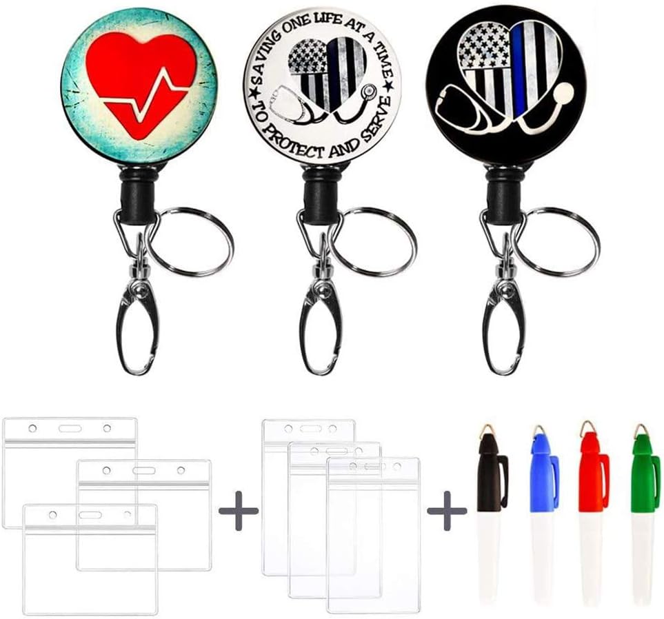 Nurse Badge Reel Holder Retractable Metal Retractable Badge Holder Clip Cute and Funny Heart Name Tag with 6 Waterproof ID Holders Key Rings 4 Kawaii Liquid Highlighters for Nurse Teachers Students