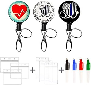 Nurse Badge Reel Holder Retractable Metal Retractable Badge Holder Clip Cute and Funny Heart Name Tag with 6 Waterproof ID Holders Key Rings 4 Kawaii Liquid Highlighters for Nurse Teachers Students