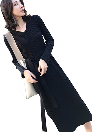 Amazon Keimi ケイミ ニットワンピーススリムセクシー長袖リブニット ロング丈 ワンピース Vネックロングセーター秋冬スリット入り マキシ丈ワンピース秋物プルオーバーニットセーター ワンピース チュニック 通販