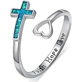 TYSO Faith Cross Ring 925 Sterling Silver Faith Hope Love Ring Blue Opal Open Rings Faith Purity Christian Rings Inspirational Jewelry Gifts for Women