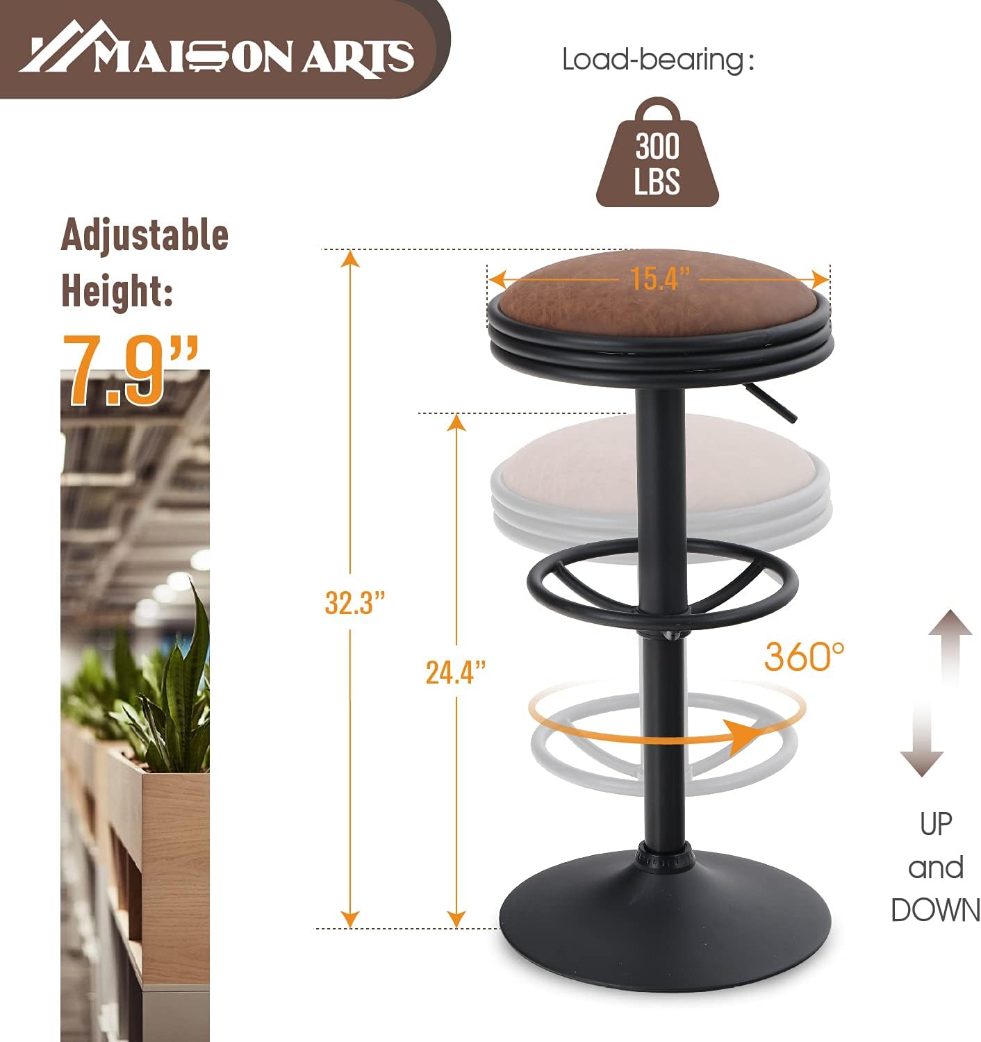 MAISON ARTS Swivel Bar Stool for Kitchen Counter Adjustable Backeless Barstool Farmhouse Counter Height Bar Chair Modern Kitchen Island Stools Backless Upholstered Round Barstool, 1 Stool, Brown: Kitchen & Dining