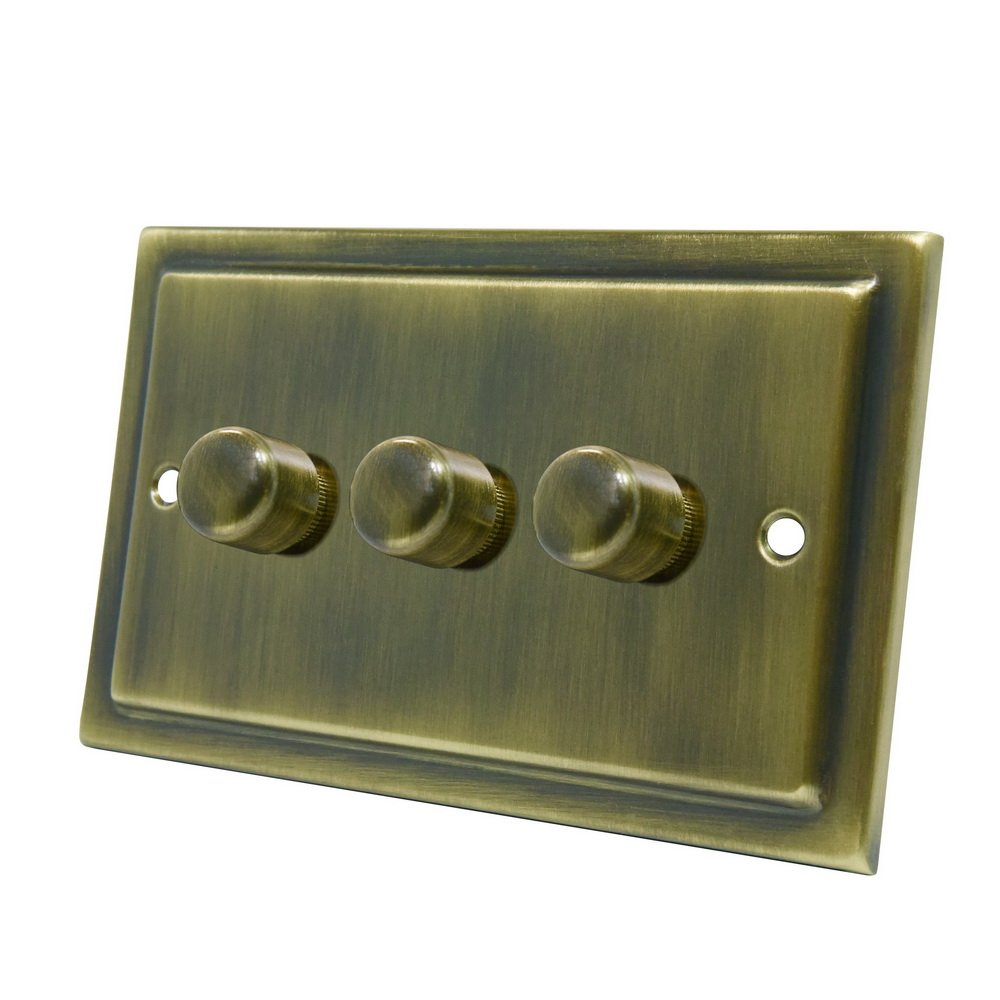 AET VAB3GDIMLED Victorian Antique Brass 250W-10 Amp Triple 3-Gang 2 Way 250W LED Light Dimmer Switch, 250 W, 240 V