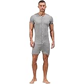 HEAVYWOOD Mens Romper Short Sleeve Onesie Jumpsuit Pajamas Henley Stretchy Silk One Piece Garment Sleepwear