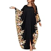 IKADEX Floral Print Muslim Abayas Dresses for Women Batwing Sleeve Split Ramadan Kaftan Thobe Islamic Prayer Clothes