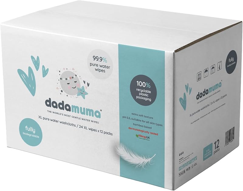 Dadamuma 99.9% Pure Water XL Wipes 12 x 24 Biodegradable Plastic-Free