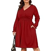 D.Q.RZhong Women’s Plus Size Long Sleeve Fall Dress Casual V Neck Waist A Line Knee Length Winter Dresses with Pockets