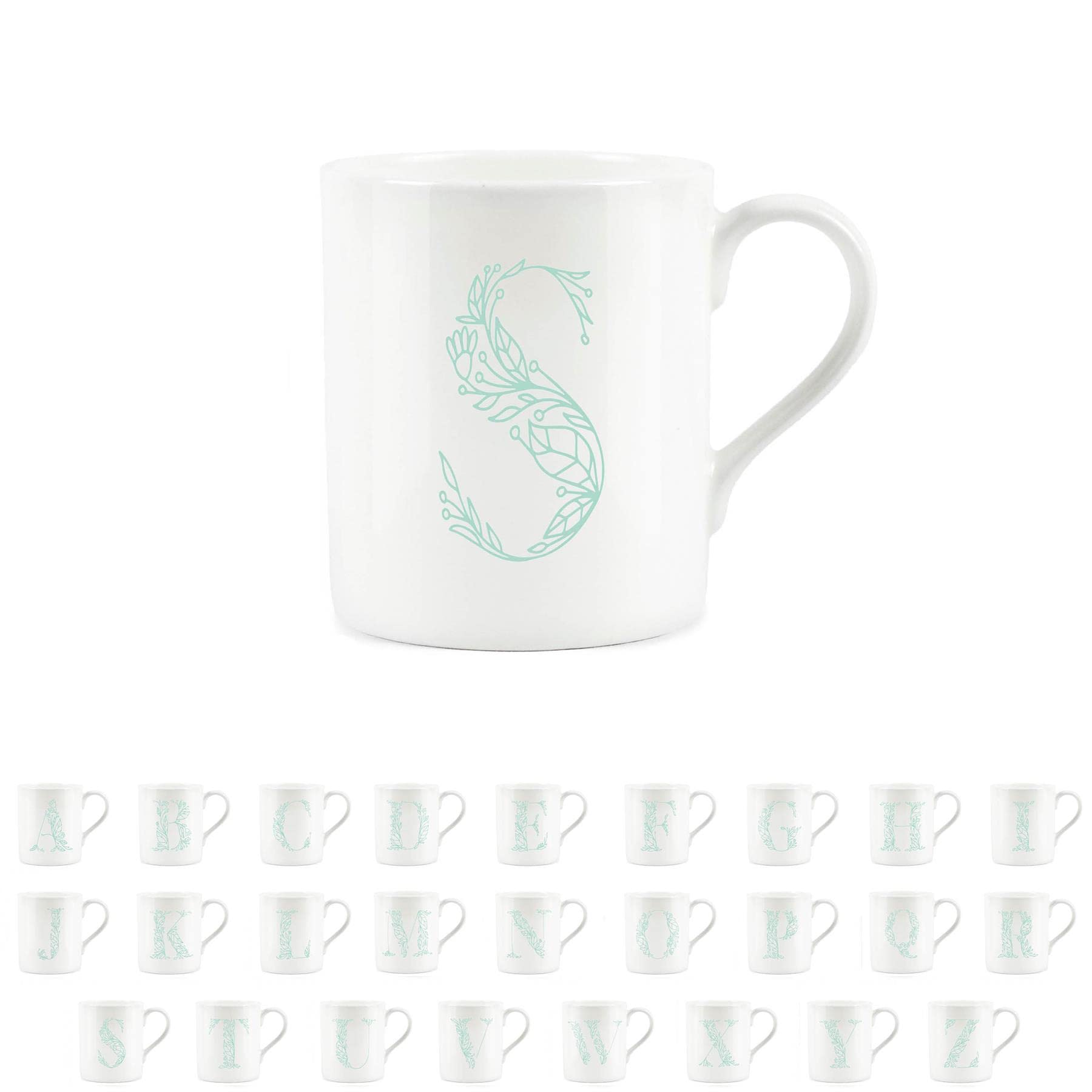 Purely Home Floral Green Letter S Mug - Fine Bone China Small Coffee Tea Mug Present Personalised Initial Gift