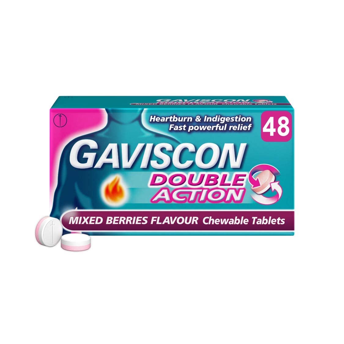 Gaviscon Double Action, Chewable tablets, Mixed Berries, 48 tablets - Heartburn & Indigestion, Fast powerful relief, Convenient on the go tablets, Antacids for Effective Digestion, Acid Reflux Relief
