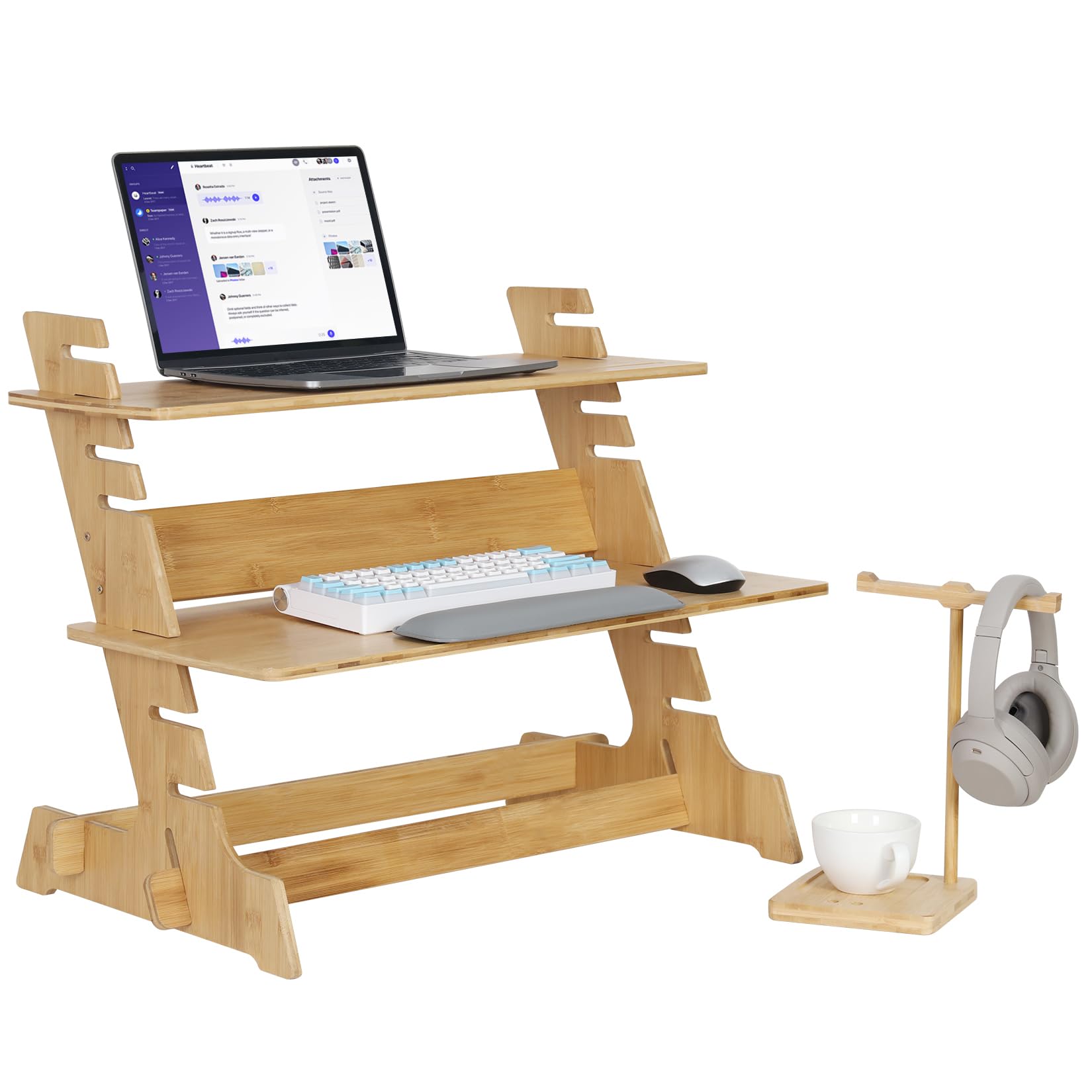 Standing up Monitor Stand Create Health Work Ways,Personalized TV PC Laptop Rack Adjustable 6-Levers Height Thicken Durable Bamboo Computer Riser Stand with Earphone Holder,Original Color