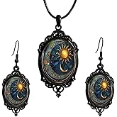 GYRMMUE Gothic Cameo Glass Earrings Necklace Set,Vintage Mystery Witch/Bat/Raven Earring Necklace Punk Style Vampire Satan Devil Jewelry Set Halloween Costume for Women