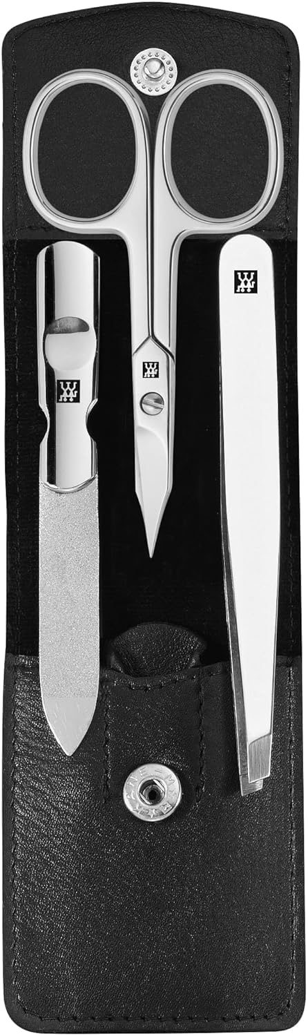 ZWILLING Manicure Set (3 piece, pedicure set for nail care and cuticle care, leather, with nail scissors), Polished Stainless Steel, Black