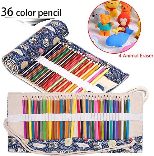 Yansion Owl Pencil Roll Canvas Wrap with 36 Colorful HB Pencil for Artists,for Adults,Students and Children