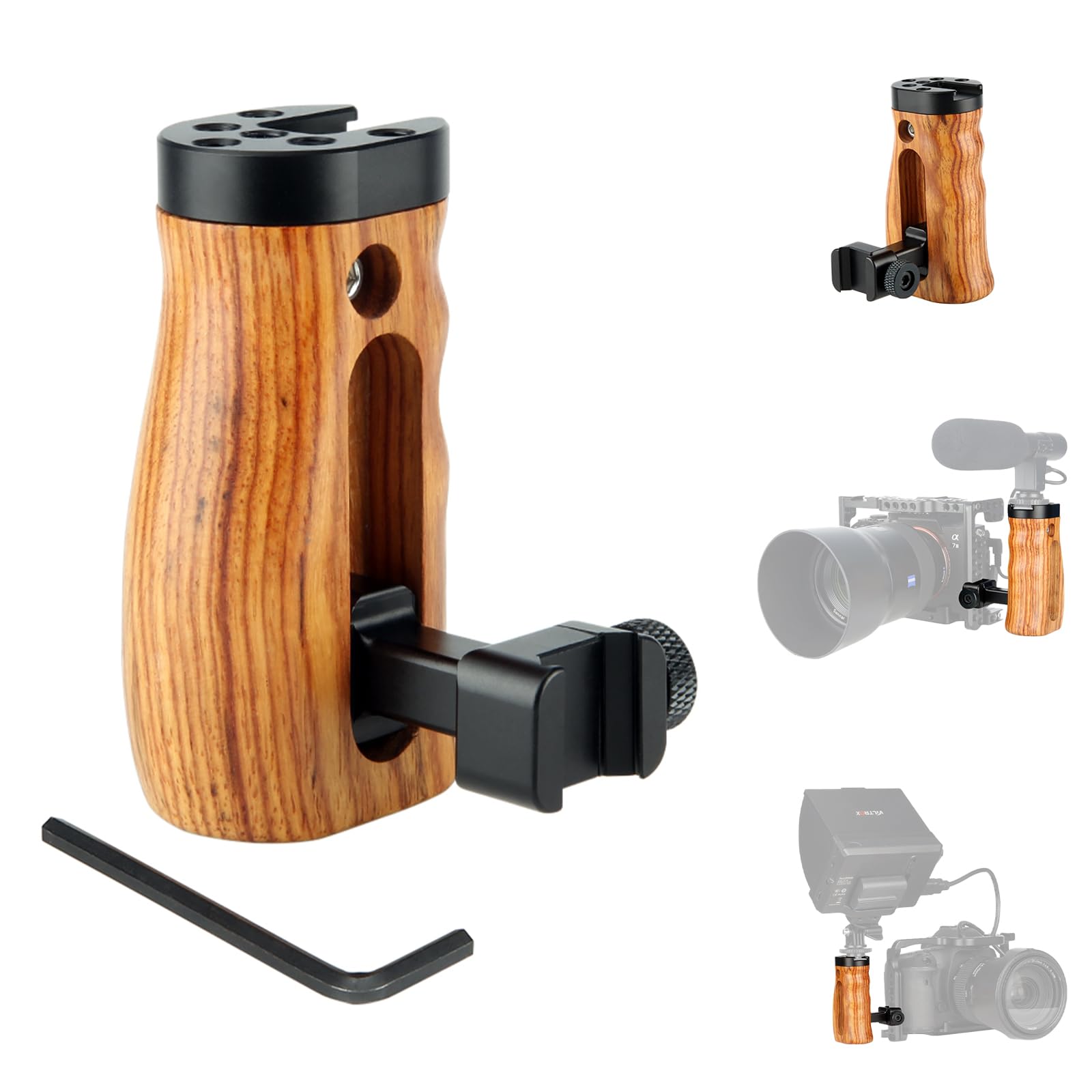 NICEYRIG NATO Side Handle Wooden Grip with Built-in Cold Shoe and Threaded Holes for Camera Cage Shoulder Mount Support Rig System