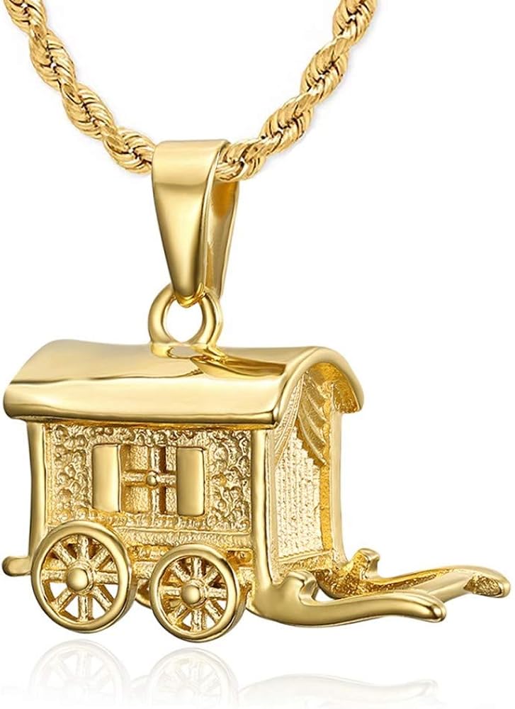 BOBIJOO JEWELRY - Pendant Necklace Trailer Verdine Caravan Travellers Gypsies Steel Gold Plated Chain, See Description