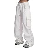 Women's Drawstring Elastic Waist Ruched Baggy Cargo Pants Hip Hop Streetwear, White, Large