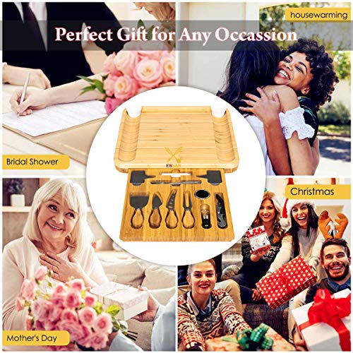 Large Bamboo Cheese Board Set - Wooden Serving Tray and Charcuterie Platter with Two Ceramic Bowls, Hidden Magnetic Drawer, Cheese Knives, Serving Forks, Markers and Wine Accessories - Thumbnail 2