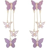 MALOYANVE Purple Butterfly Tassel Earrings for Women Charm Vintage Crystal Rhinestone Animal Wings Drop Earrings Jewelry Gifts