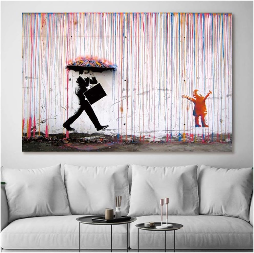 Enmarcado Banksy Walking In The Rain Street Graffiti Wall Art Pinturas