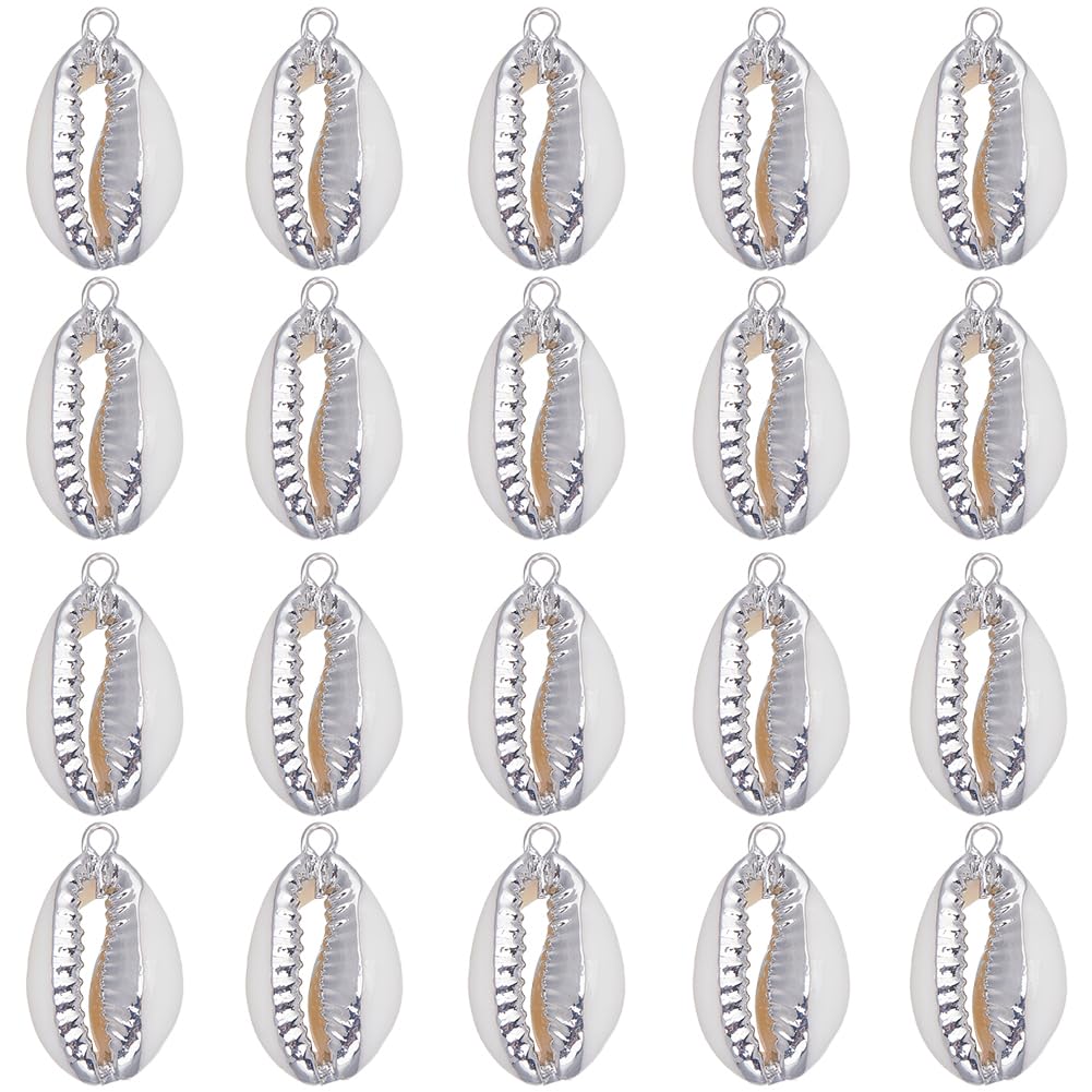 SUNNYCLUE 1 Box 20Pcs Seashell Charm Seashell Charms Bulk Cowrie Shell Charm Natural Cowrie Shell Charms Silver Electroplated Shell Charm for jewellery Making DIY Bracelets Necklaces Earrings Craft