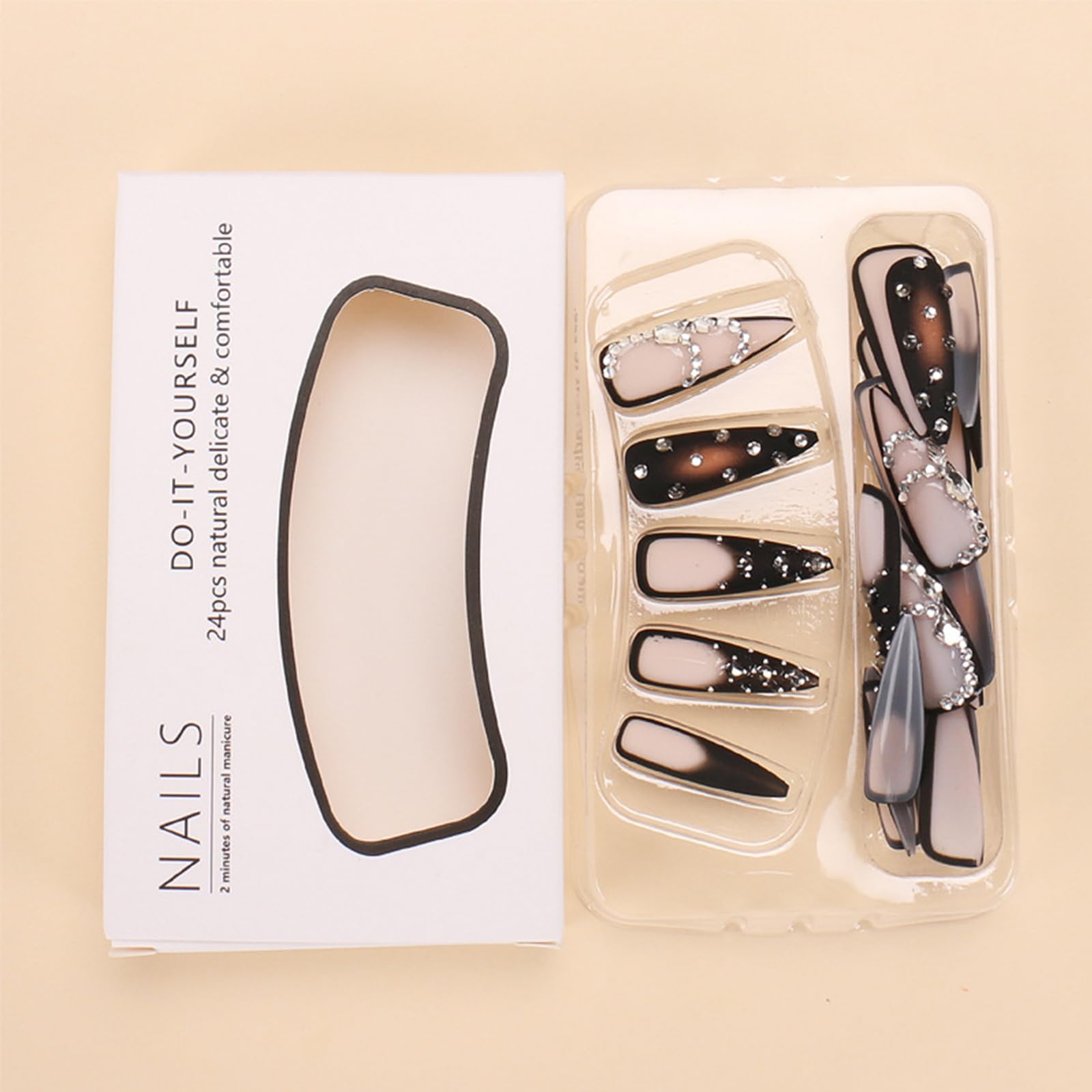 Brown Luxury Press On Nails - Long Stiletto Pointed Fake Nails with French Tips, Rhinestones, Sharp Goth Black Ombre Acrylic Designs, Glossy Glue On Nails for Women - 24Pcs - Image 2