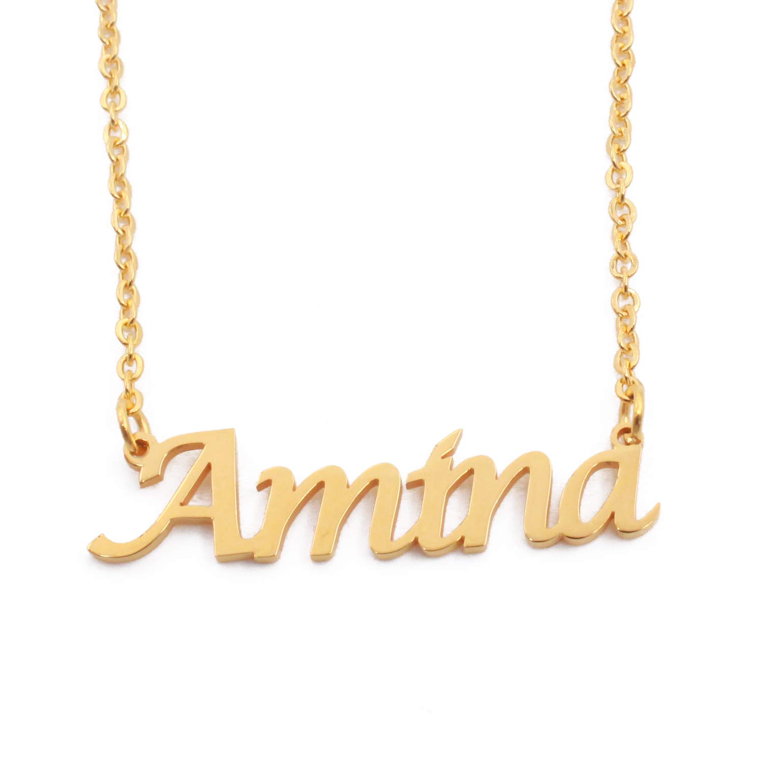 Kigu Amina Name Necklace Personalised 18ct Gold Plated, Custom Dainty Name Pendants, Jewellery for Ladies, Girlfriend, Mother, Sister, Friends Inc Bag & Box