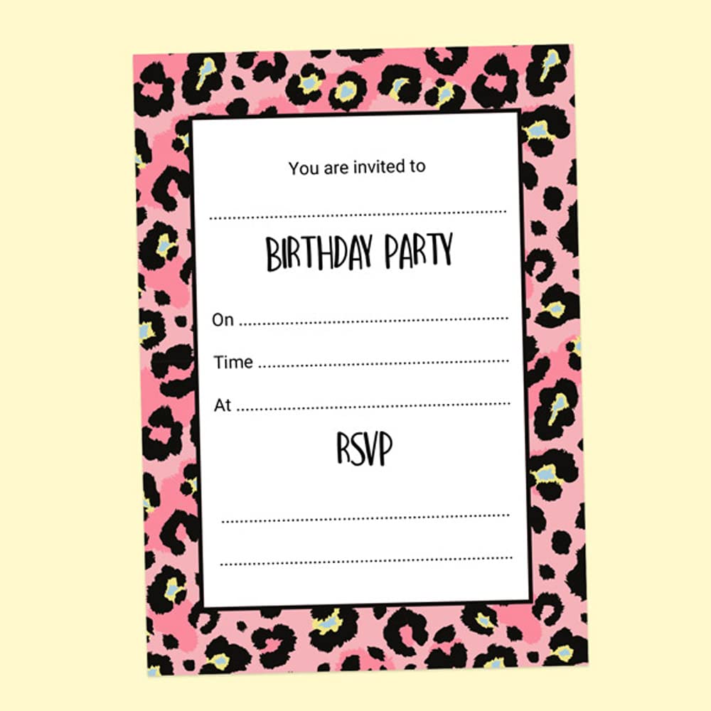 Dotty about Paper Kids Birthday Invitations - Leopard Print Party - Pack of 10. Fun Design, Bright Colours, Boys and Girls, Children, Family, Friends. Envelopes Included (3102)