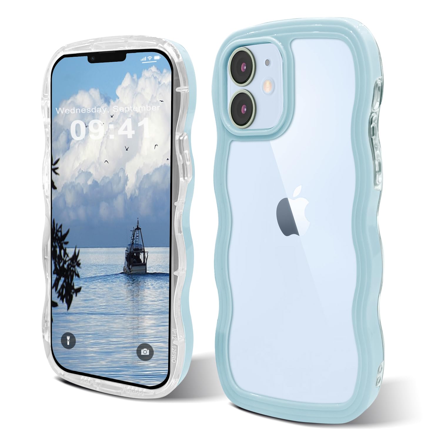 ORDA iPhone 12/12 Pro Case with Wave Frame Curly Shape - Shockproof Hard PC Phone Cover for Women and Girls - Compatible with 6.1 inch in Blue — image 1