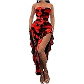 WDIRARA Women's Butterfly Print Asymmetrical Bodycon Maxi Dress Split Ruffle Trim Strapless Tube Dresses