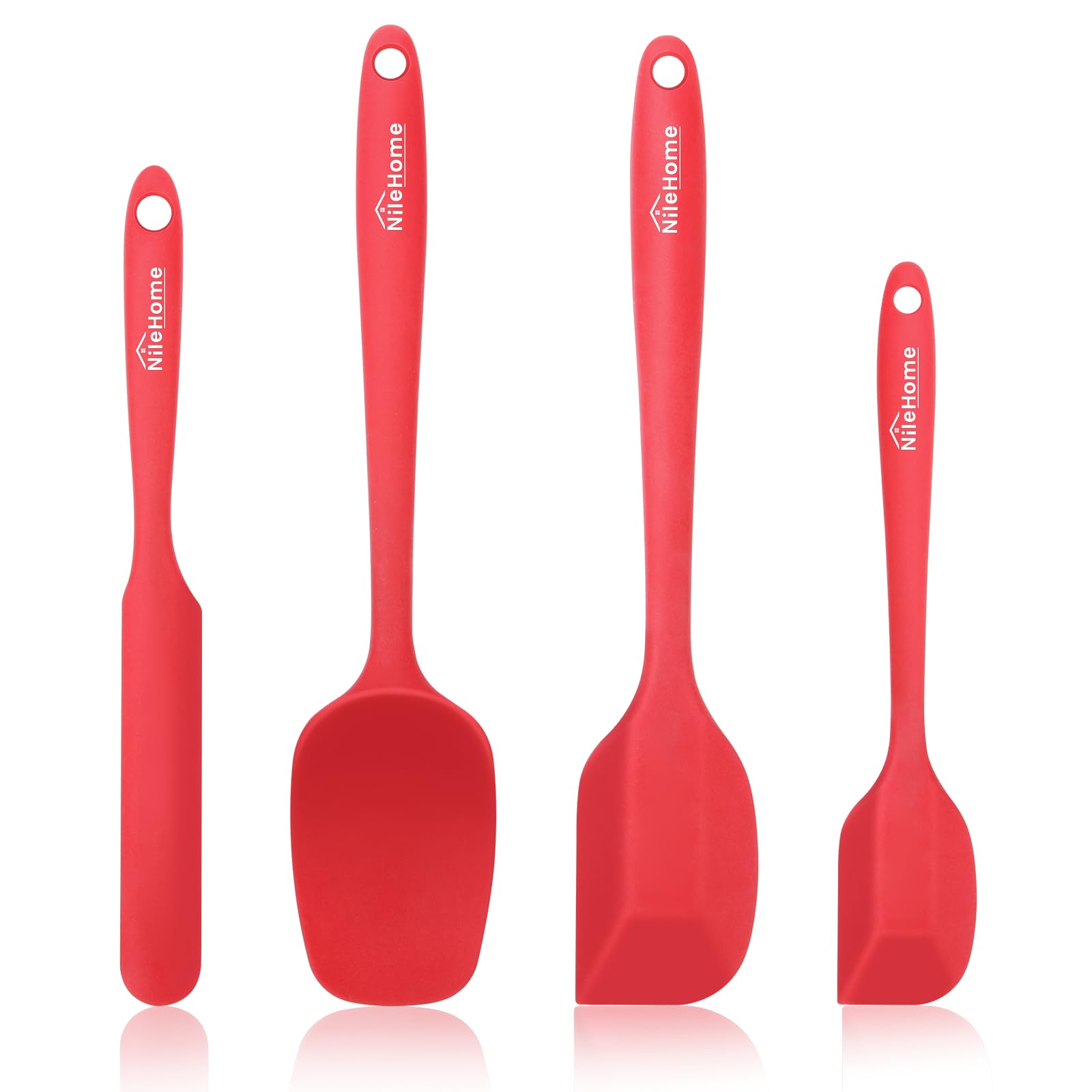 NileHome Silicone Spatula Set, High Heat-Resistant Premium BPA-Free One Piece Seamless Design, Non-Stick Rubber with 18/8 Stainless Steel Core, Cooking/Baking Utensil Set of 4, Red