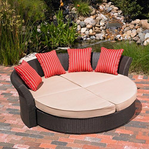 Mission Hills Corinth Daybed Sunbrella Outdoor Patio Round Brown Wicker Rattan Cushion Beige Lounge Furniture