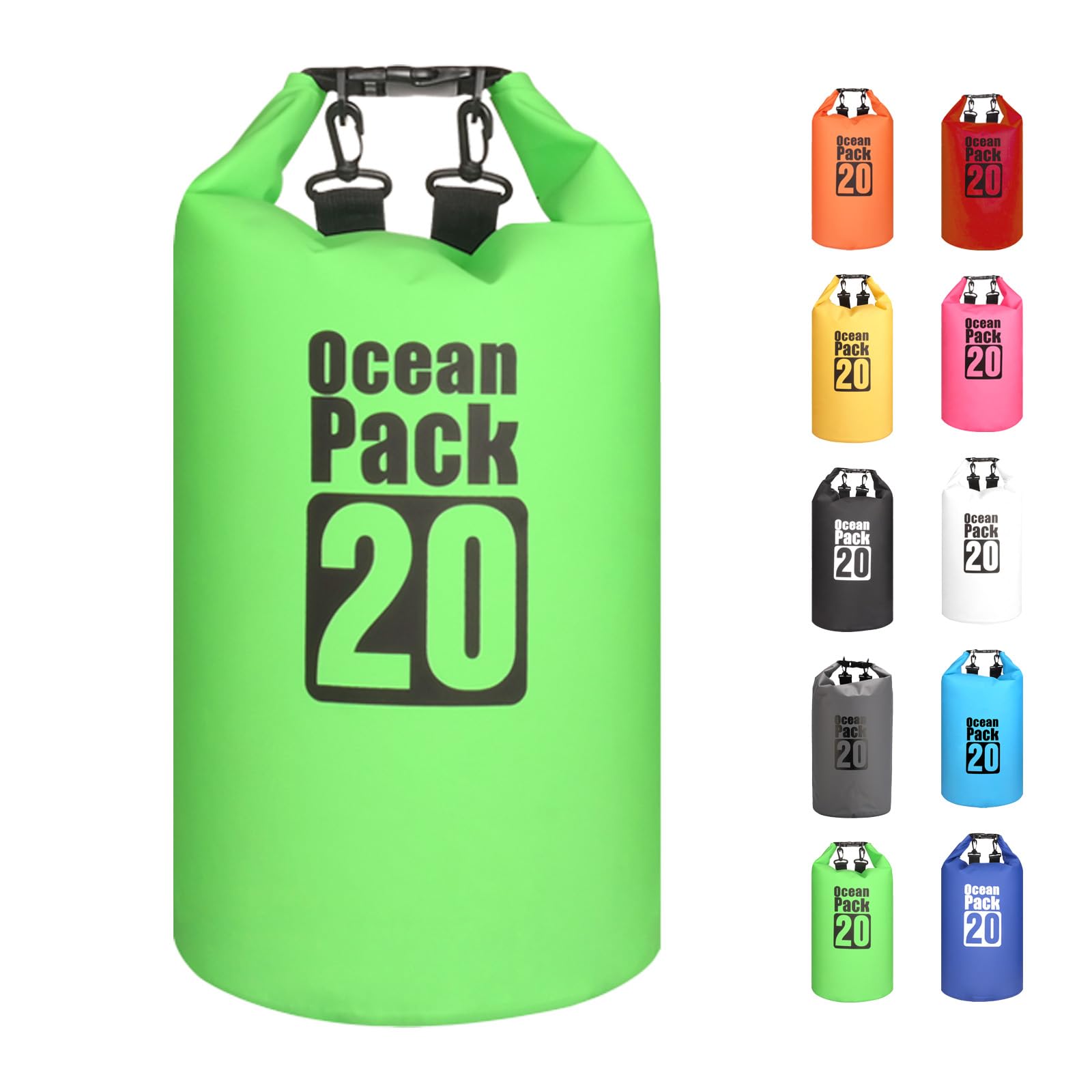 MORAINJAY 20L Green Dry Bag,Waterproof Bag with Double Adjustable Shoulder Strap,Large Capacity Dry Sack 2L 5L 10L 15L 20L 30L for Outdoor Camping,Rafting,Swimming,Boating,Surfing