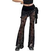 Instobig Goth Bell Bottom Pants Woman Sheer Mesh Lace Flower Patterned Flare Ruffle Lounge Punk