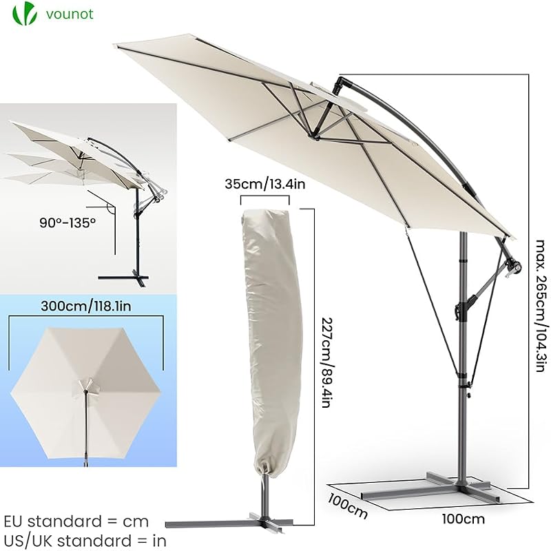 ® 300 cm Parasol Excentrico, Sombrilla de Jardín con Manivela, Funda Protectora y Correa de Fijación, Protección UV, Beige