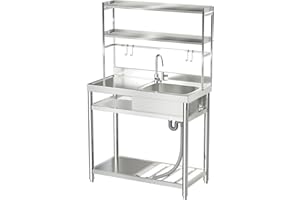 ROOMTEC 304 Stainless Steel Utility Sink Set, Single Bowl Commercial Sink with Drainboard and Hanging Tools for Kitchen, Garage, Laundry Room (Right bowl)