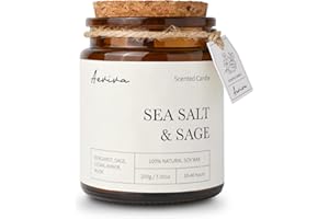 Aeviva Scented Candle, 7.05 oz Sea Salt & Sage Aromatherapy Candle, Natural Soy Wax with Wooden Wick, Candles for Home Scented, Stress Relief Amber Jar Candle Gifts