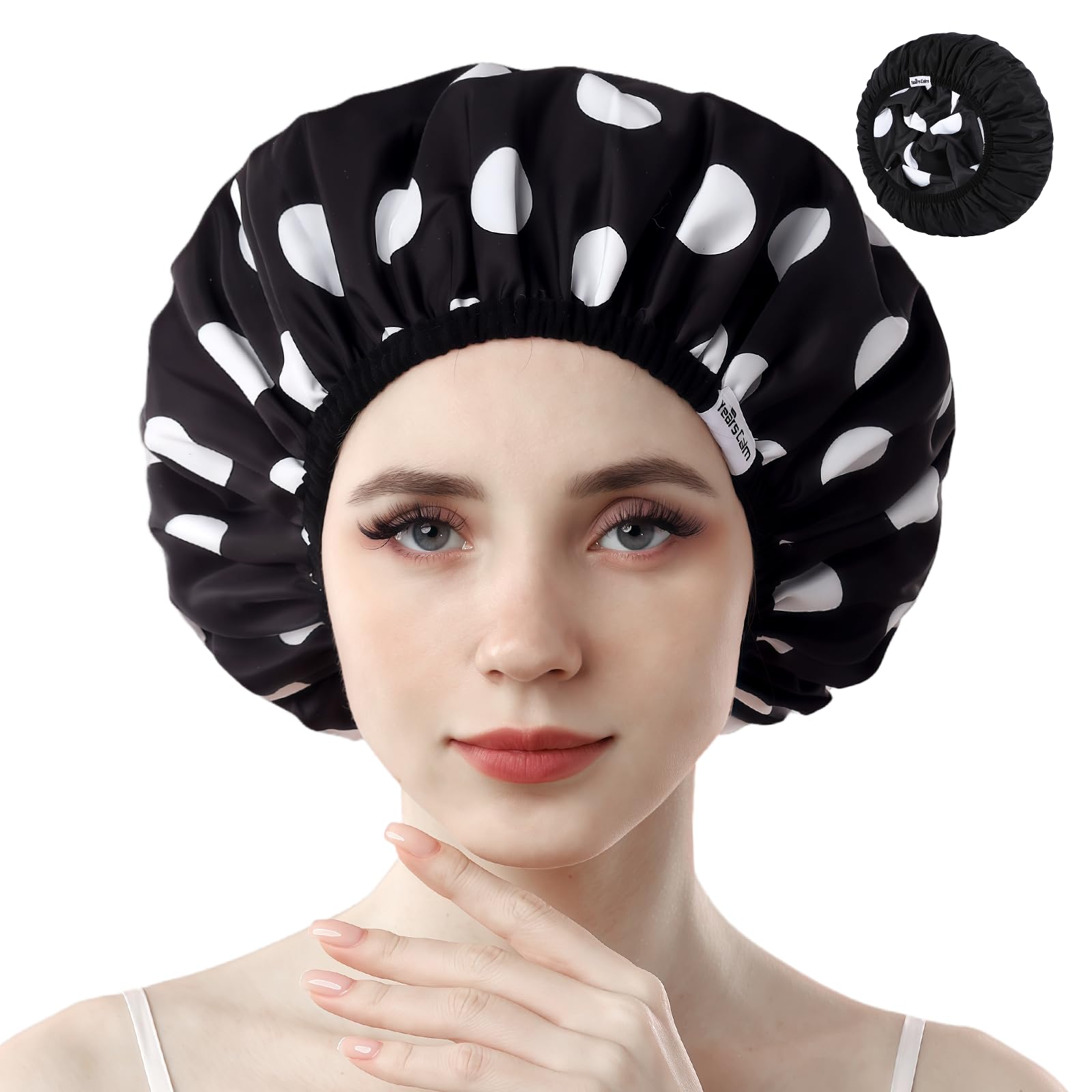 Photo 1 of Years Calm Shower Caps For Women Reusable Waterproof?Pattern And Solid Color Dual-Layer Design For Dual-Layer Usable?Protects Hair In Shower, Spa, Cooking, Clean & Travel (Black, Extra Large)