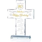 80th Birthday Religious Gifts for Women, Men, Friends, Grandma & Mom - Glass Stand Cross Engraved with 80 Year Old Birthday Blessing, Turning 80 Keepsake Home Decor
