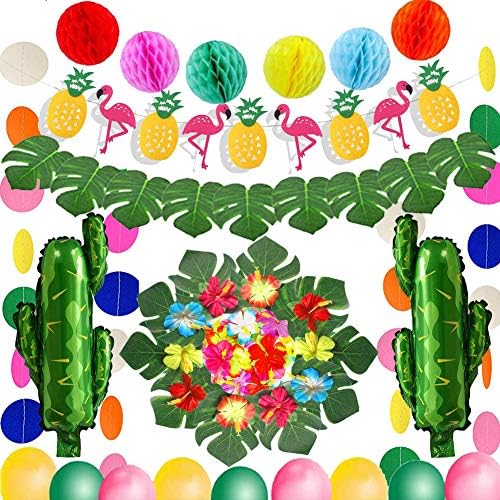 YOUNING Tropical Party Decoration Set, Pineapple Flamingo Banner with 6 PCS Multicolor Honeycomb Palm Leaves, Hibiscus Flowers and Cactus Balloons for Jungle Beach Pool Theme Summer Party Supp