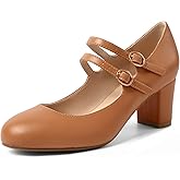 IDIFU Women's Dress Shoes for Women Pumps Mary Jane Heels Low Block Round Closed Toe Wedding Office Work