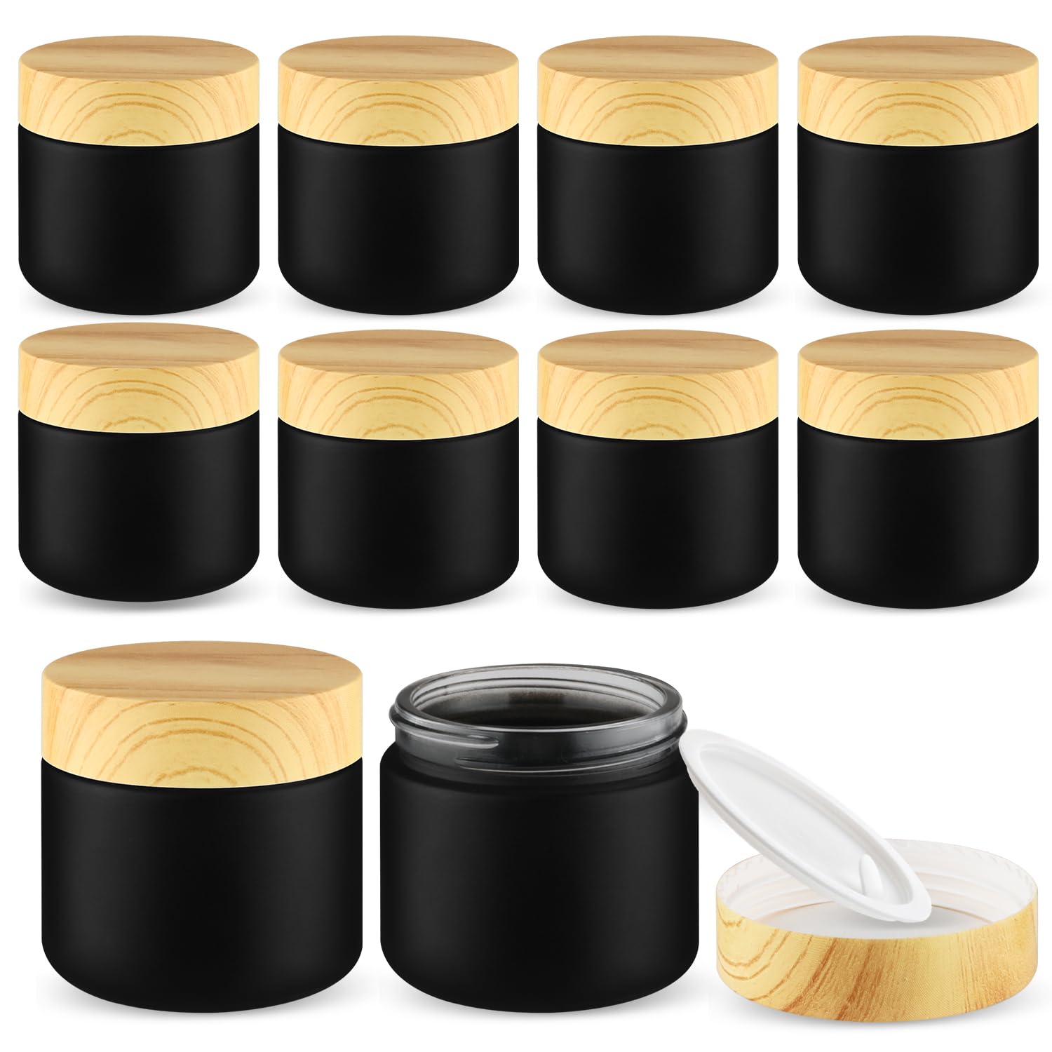 Photo 1 of 10 Pcs 60g/2oz Frosted Cream Jars Travel Size Glass Cosmetic Containers Empty Glass Jars with Wood Grain Lids for Makeup Lotion Face Cream - Black
