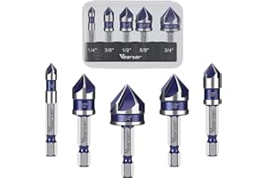 Vearter Countersink Drill Bit Set 1/4'' to 3/4'', 5PCS HSS 5-Flute Chamfer Bits with 1/4" Hex Shank Quick Change & Clear Stor